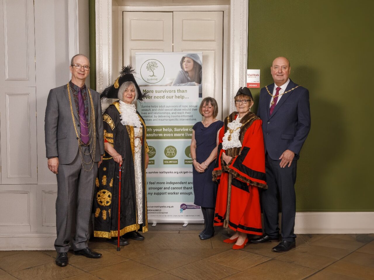 Left to right - Councillor Margaret Wells, the Lord Mayor of York and the Lord Mayor's Consort, 2024 to 2025. Ceo of Survive, Mags Godderidge. Ms Fiona Fitzpatrick, the Sheriff of York, and the Sheriff's Consort, 2024 to 2025